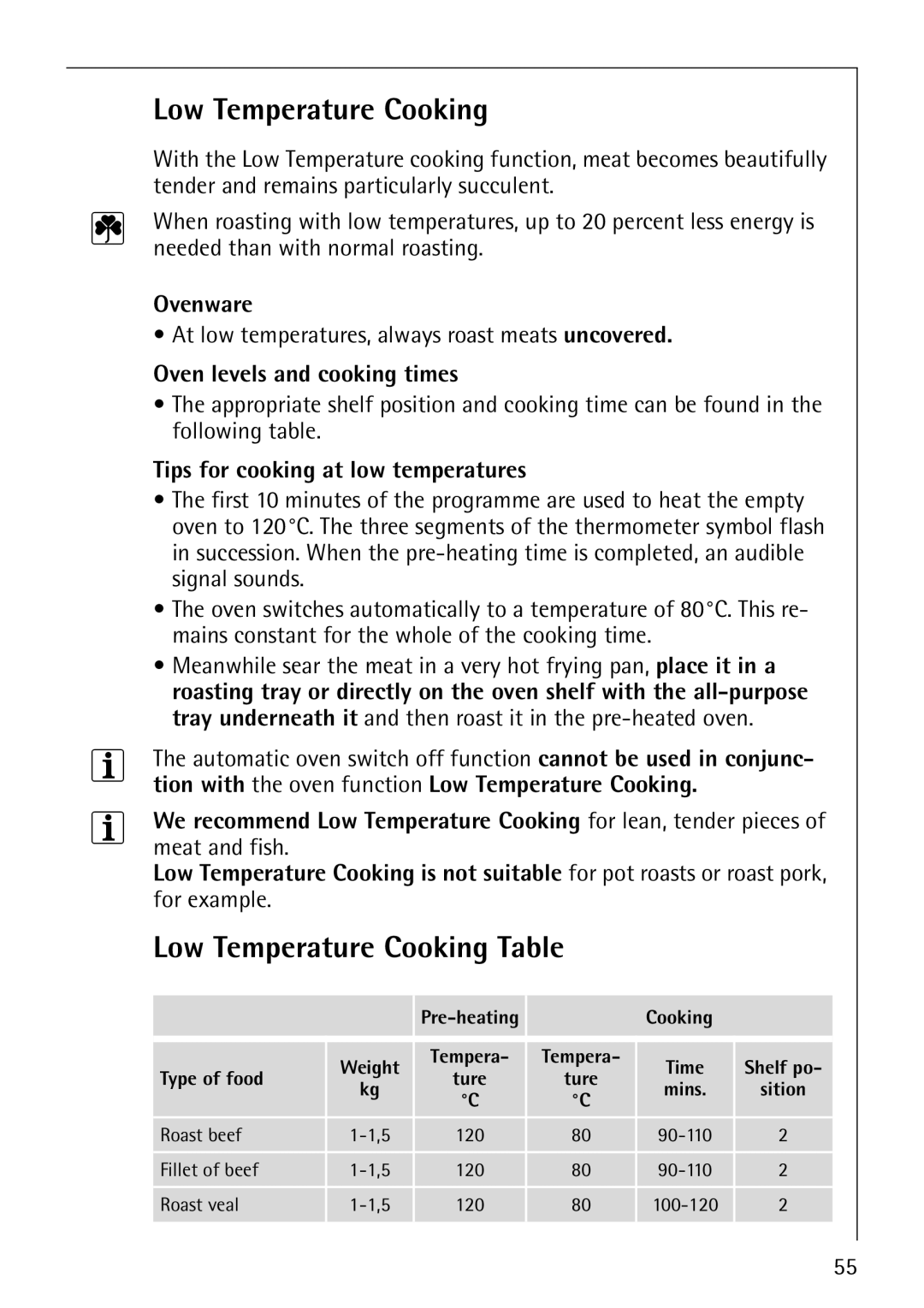 Electrolux CB8920-1 Low Temperature Cooking Table, Oven levels and cooking times, Tips for cooking at low temperatures 