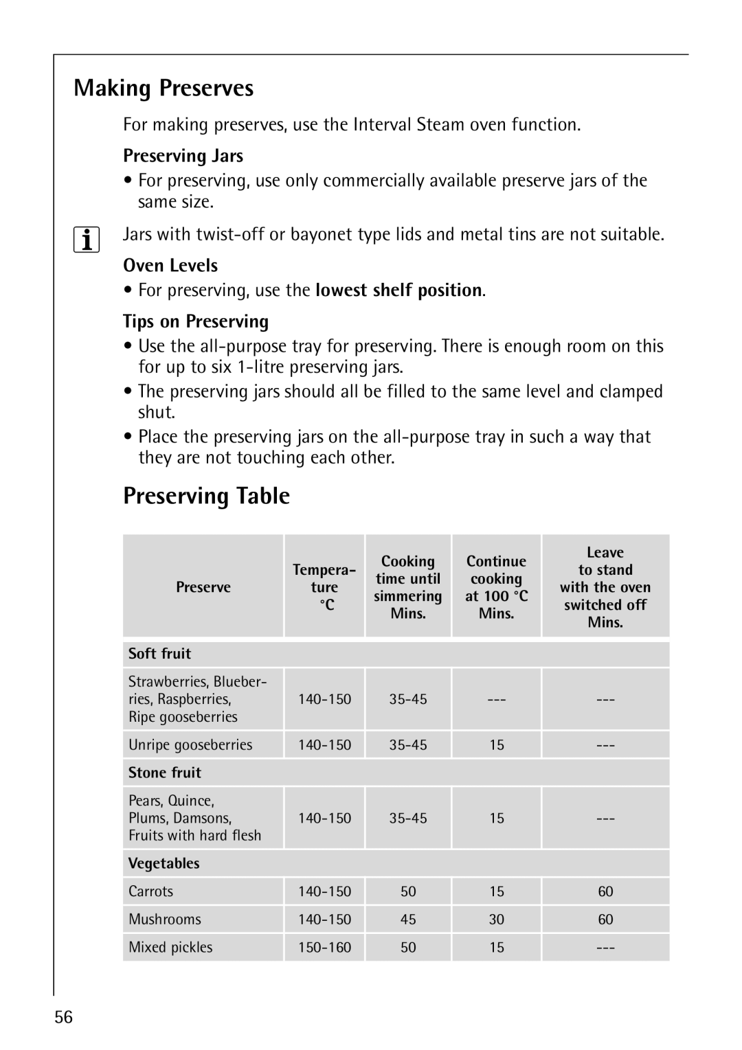 Electrolux CB8920-1 operating instructions Making Preserves, Preserving Table, Preserving Jars, Tips on Preserving 