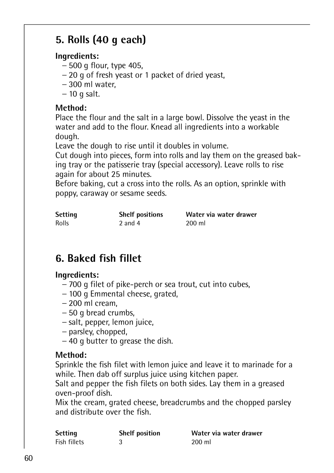 Electrolux CB8920-1 operating instructions Rolls 40 g each, Baked fish fillet 