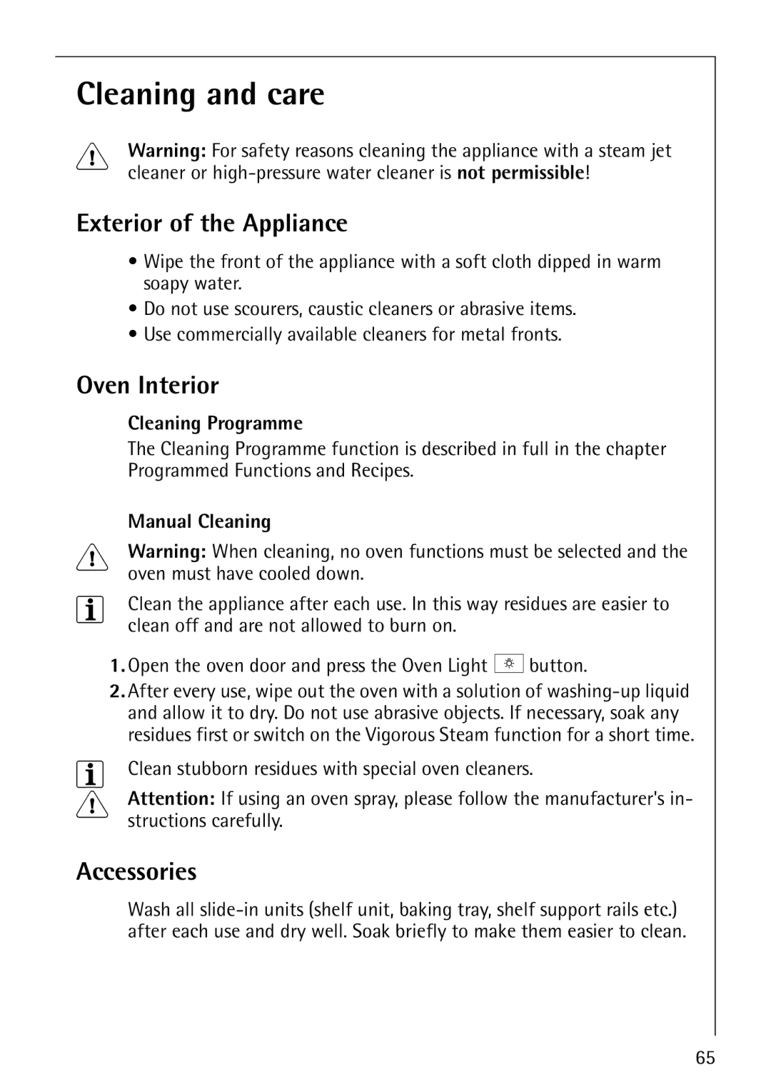 Electrolux CB8920-1 Cleaning and care, Exterior of the Appliance, Oven Interior, Cleaning Programme, Manual Cleaning 