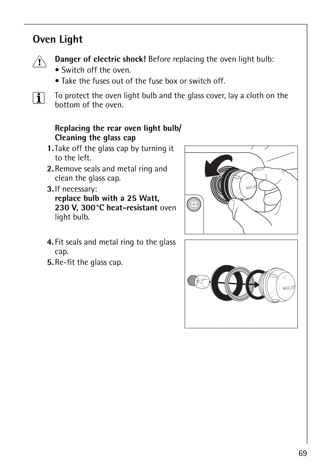 Electrolux CB8920-1 Oven Light, Replacing the rear oven light bulb Cleaning the glass cap, Replace bulb with a 25 Watt 