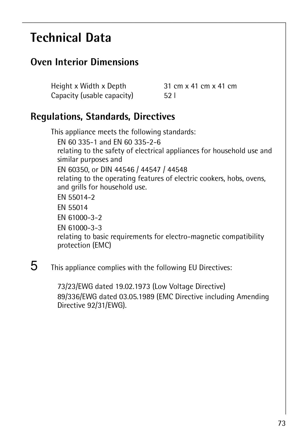 Electrolux CB8920-1 Technical Data, Oven Interior Dimensions, Regulations, Standards, Directives, Height x Width x Depth 