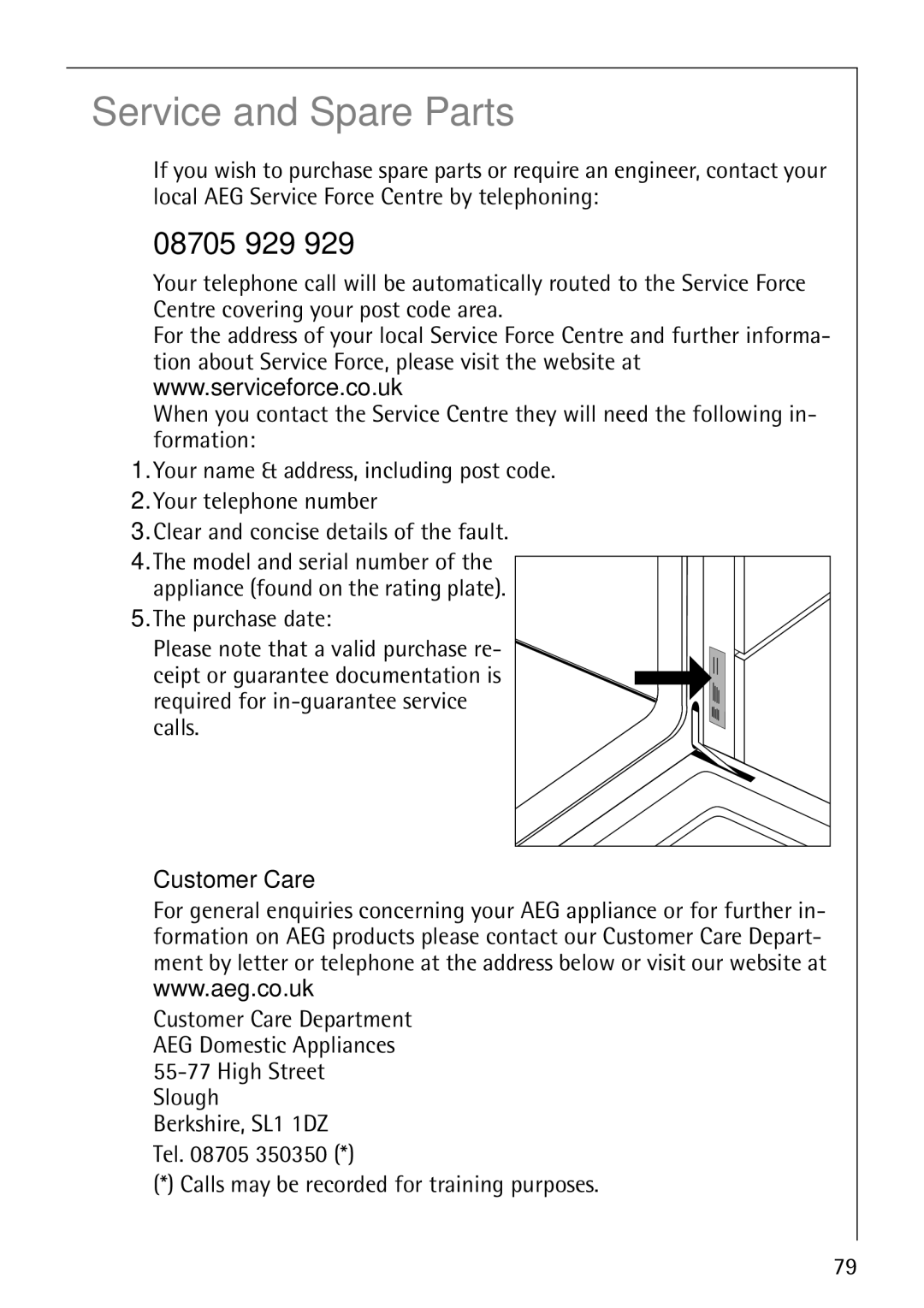 Electrolux CB8920-1 operating instructions 08705 929, Customer Care, Calls may be recorded for training purposes 