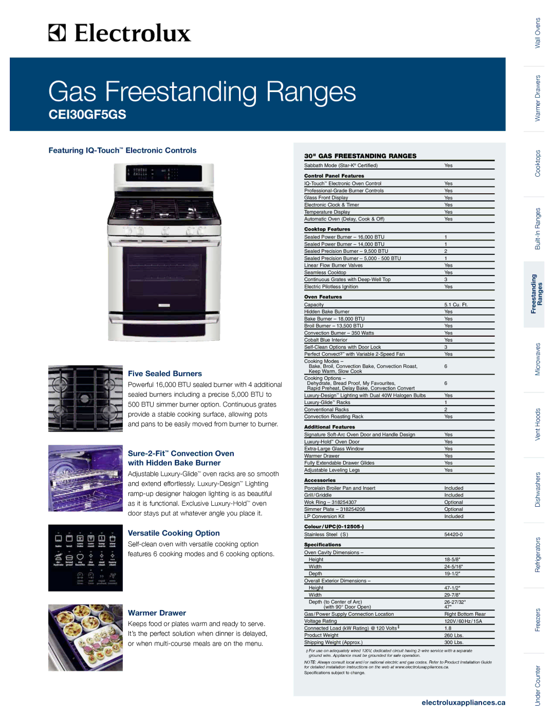 Electrolux CEI30GF5GS specifications Featuring IQ-TouchElectronic Controls Five Sealed Burners, Versatile Cooking Option 