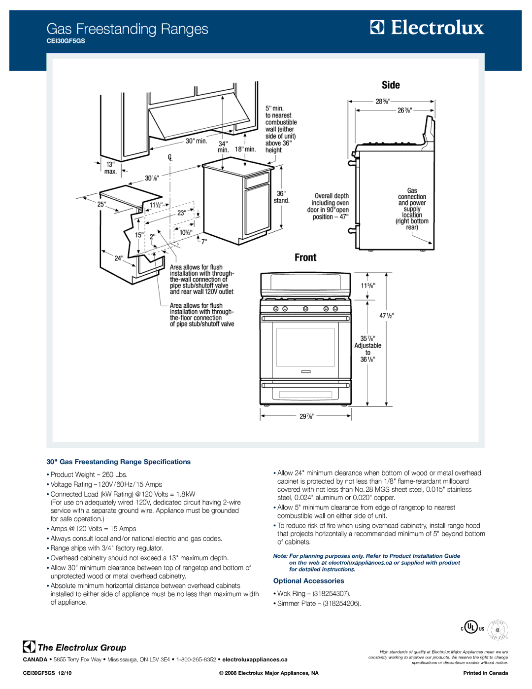 Electrolux CEI30GF5GS specifications Gas Freestanding Range Specifications, Optional Accessories 