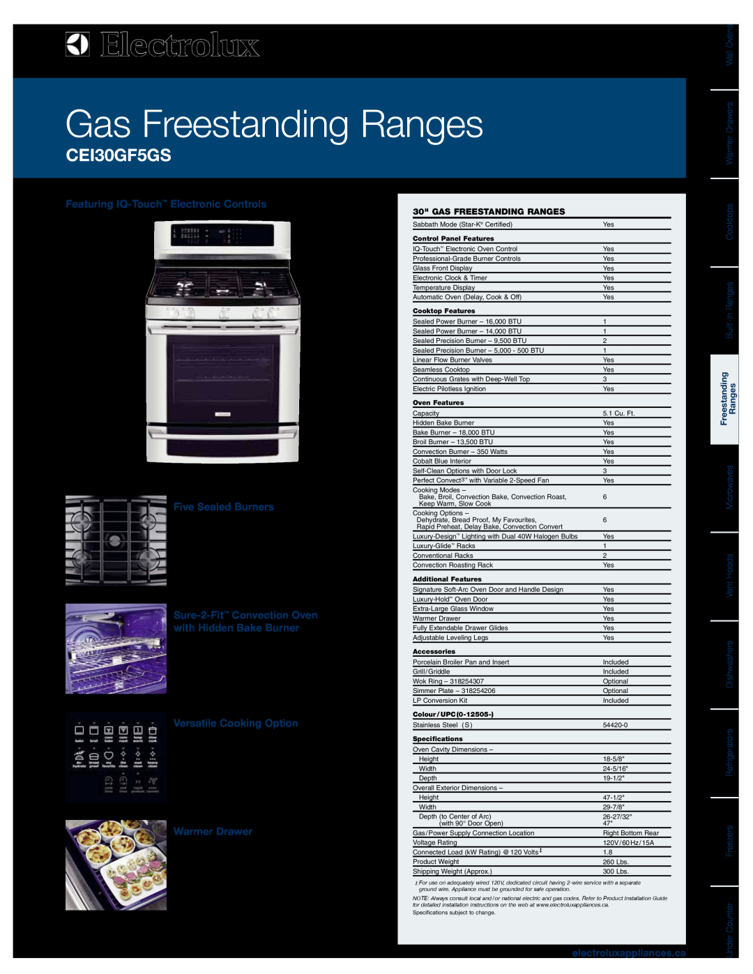 Electrolux CEI30GF5GS specifications Featuring IQ-Touch Electronic Controls, Five Sealed Burners, Versatile Cooking Option 