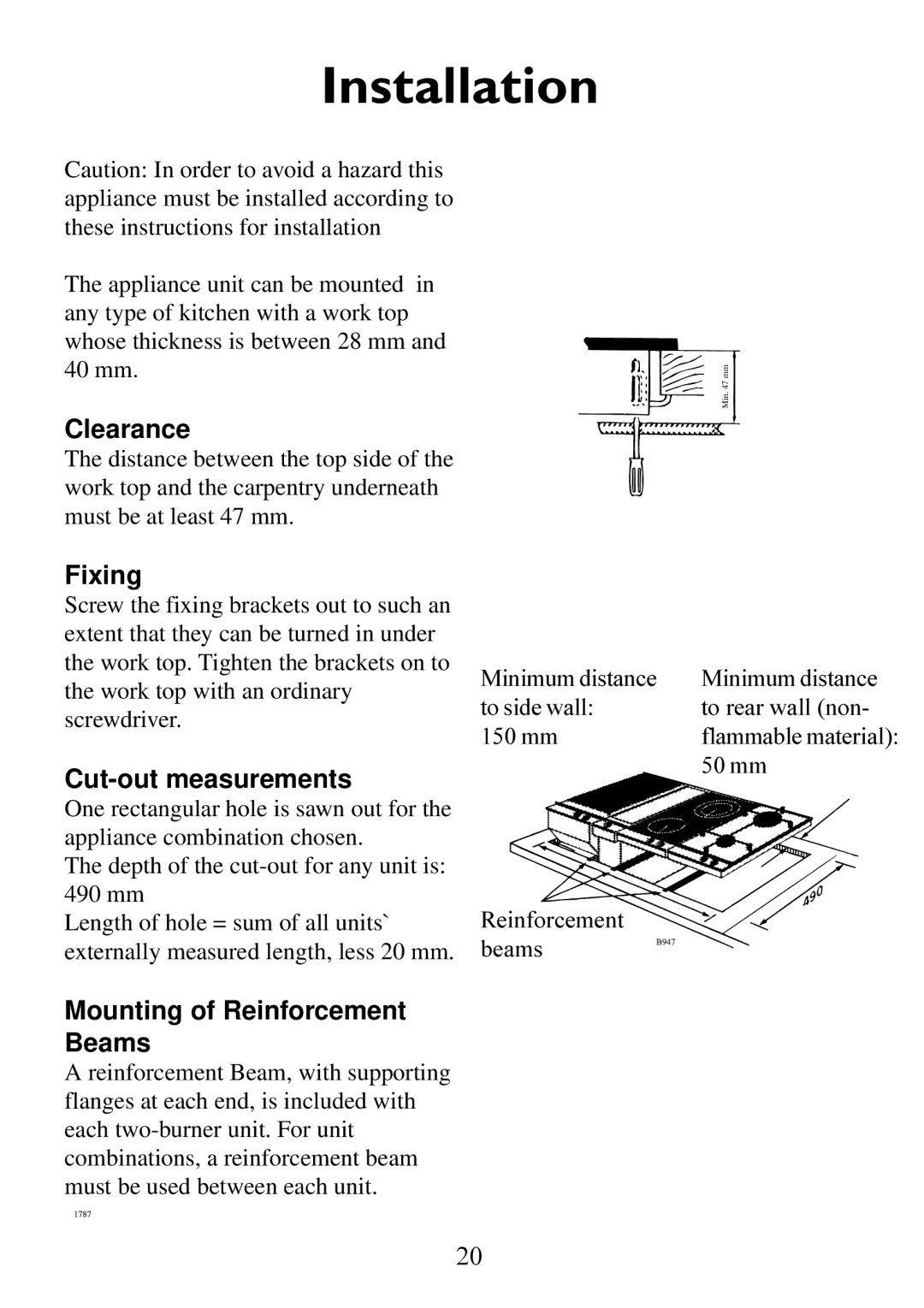 Electrolux Ceramic glass hob manual Installation, Clearance, Fixing, Cut-out measurements, Mounting of Reinforcement Beams 