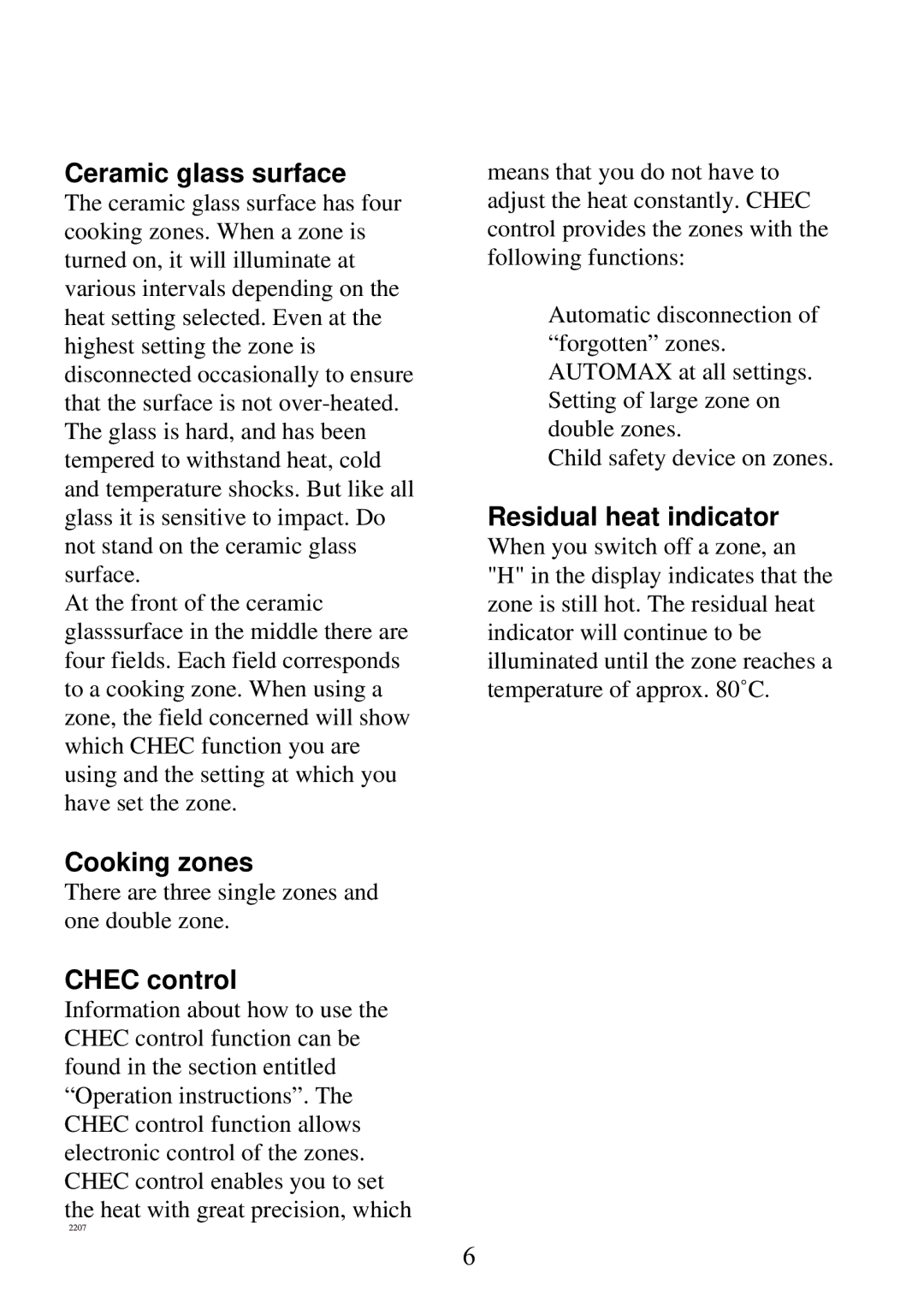 Electrolux Ceramic glass hob manual Ceramic glass surface, Cooking zones, Chec control, Residual heat indicator 