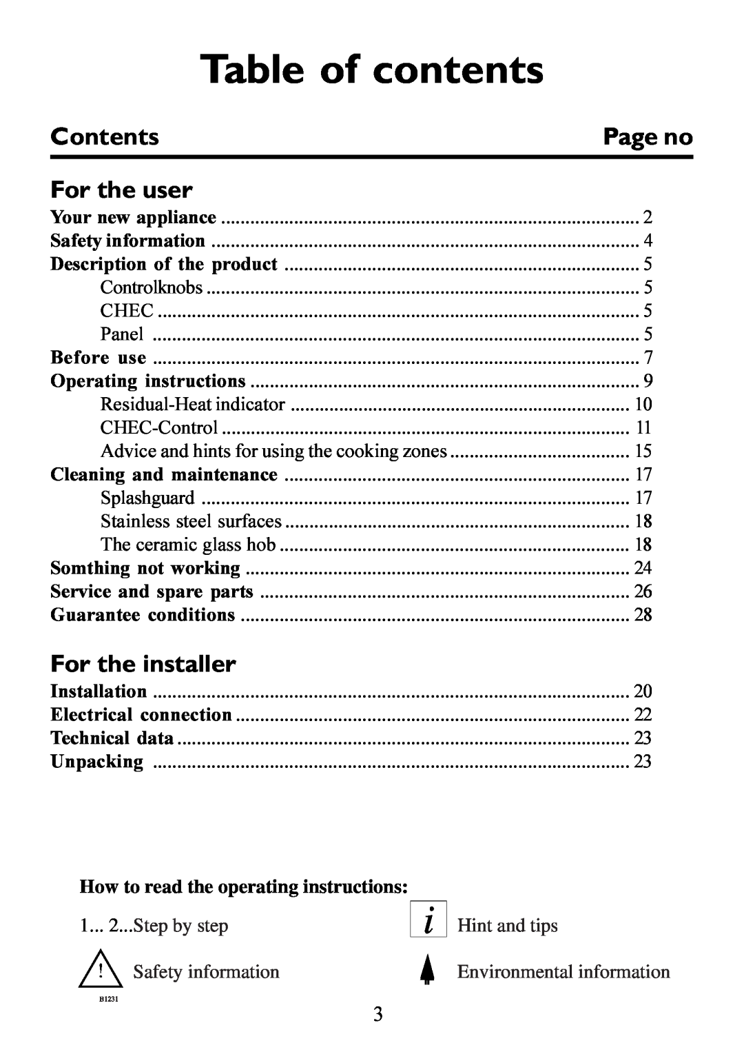 Electrolux Ceramic glass hob Table of contents, How to read the operating instructions, Contents, For the user, Page no 