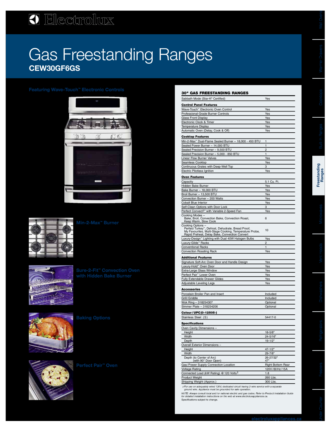 Electrolux CEW30GF6GS manual Featuring Wave-Touch Electronic Controls, Min-2-Max Burner, Baking Options, Perfect Pair Oven 