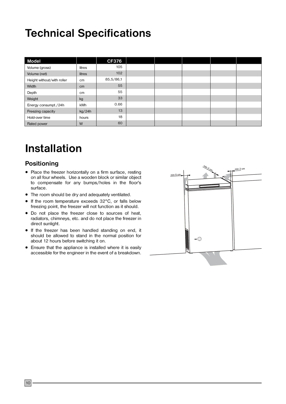 Electrolux CF 376 manual Technical Specifications, Installation 