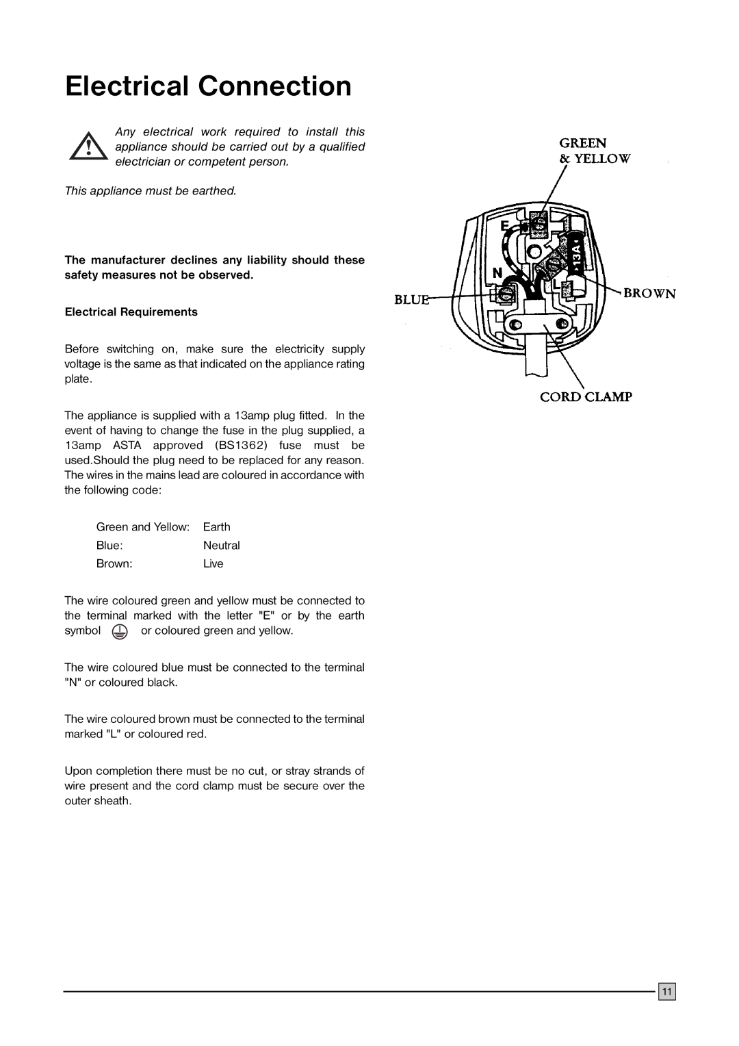 Electrolux CF 376 manual Electrical Connection 