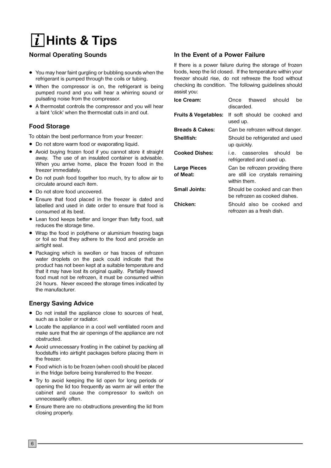 Electrolux CF 376 Hints & Tips, Normal Operating Sounds, Food Storage, Energy Saving Advice, Event of a Power Failure 