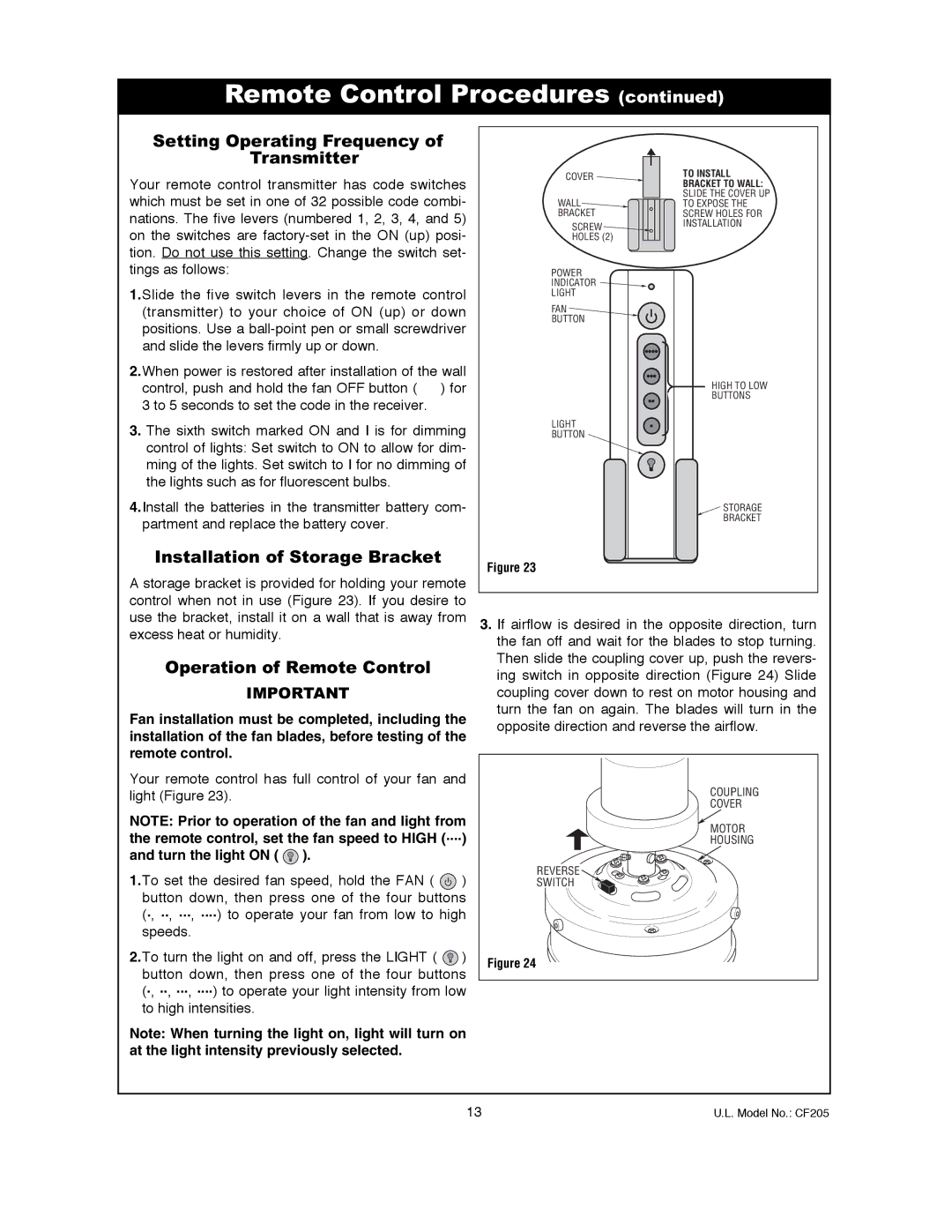 Electrolux CF205GES01, CF205VS01, CF205BS01 owner manual Setting Operating Frequency Transmitter 