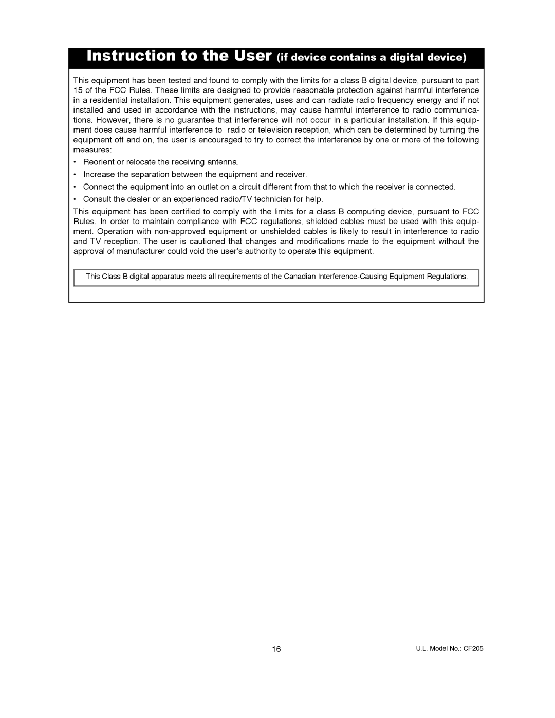 Electrolux CF205GES01, CF205VS01, CF205BS01 owner manual Instruction to the User if device contains a digital device 