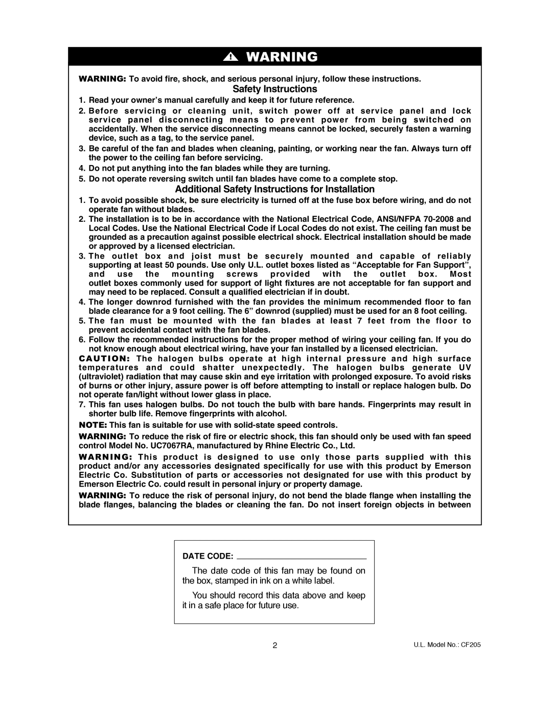 Electrolux CF205BS01, CF205VS01, CF205GES01 owner manual Safety Instructions 