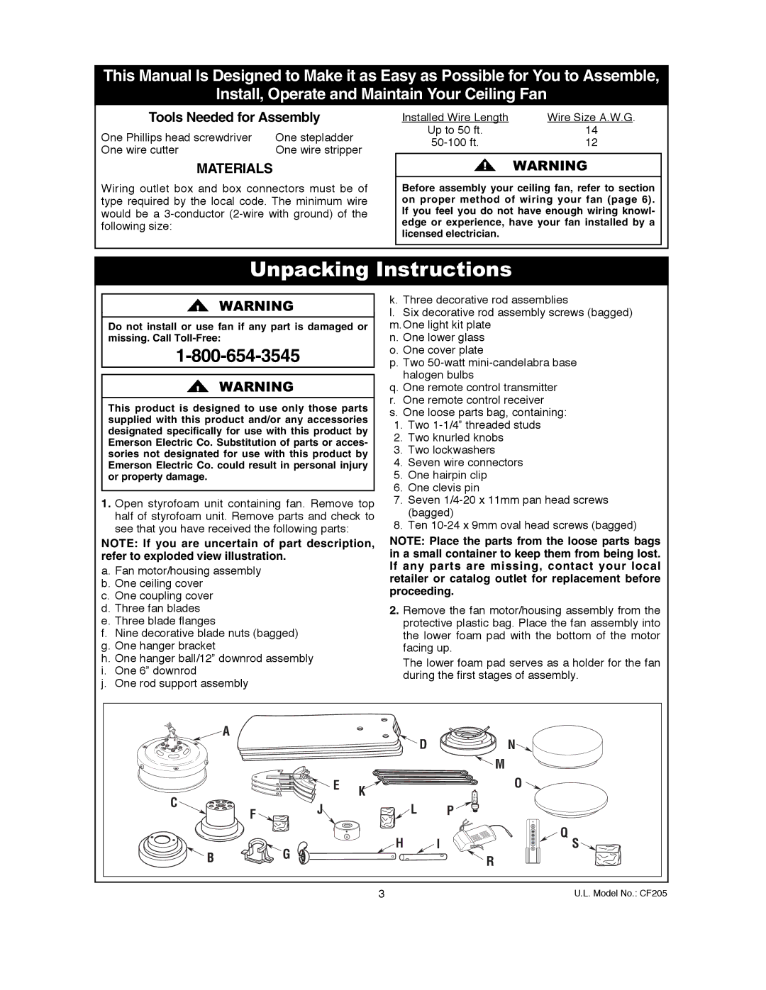 Electrolux CF205VS01, CF205GES01, CF205BS01 owner manual Unpacking Instructions, Materials 