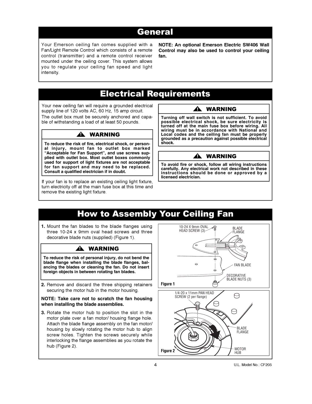 Electrolux CF205GES01, CF205VS01, CF205BS01 owner manual General, Electrical Requirements, How to Assembly Your Ceiling Fan 