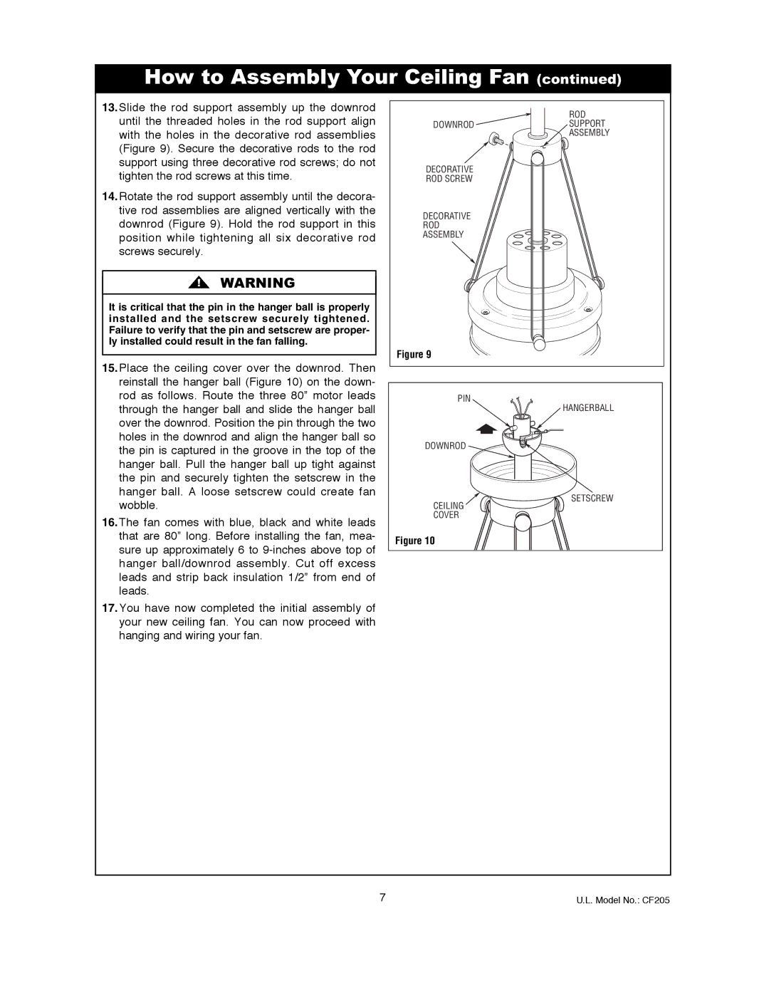 Electrolux CF205GES01, CF205VS01, CF205BS01 owner manual How to Assembly Your Ceiling Fan 