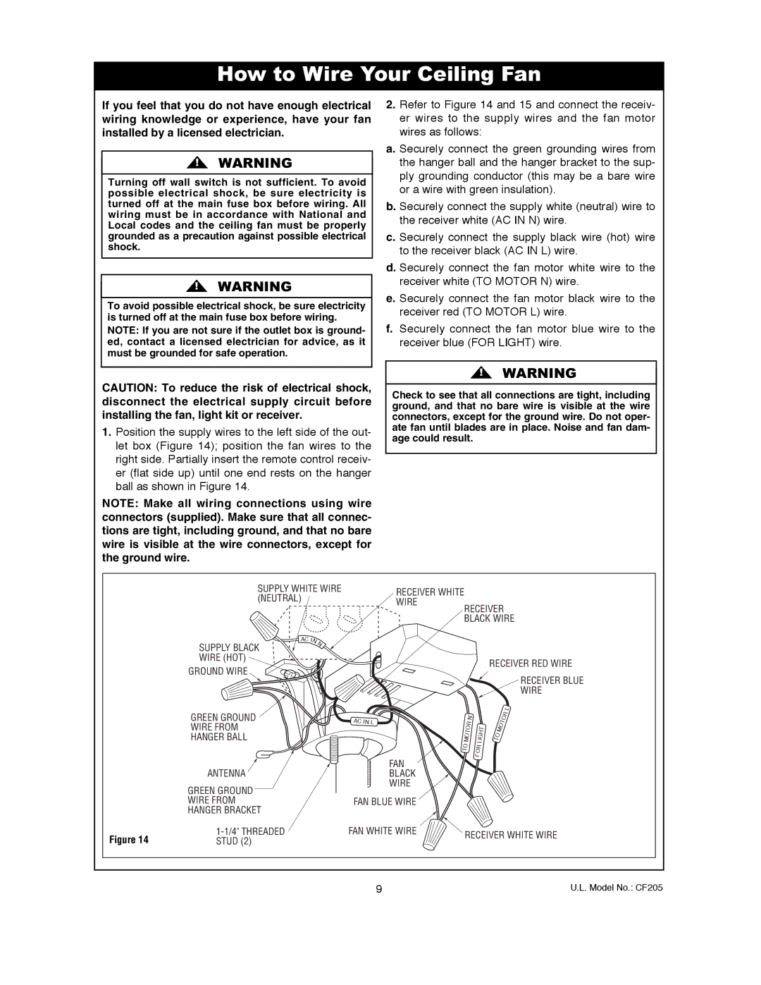 Electrolux CF205VS01, CF205GES01, CF205BS01 owner manual How to Wire Your Ceiling Fan 