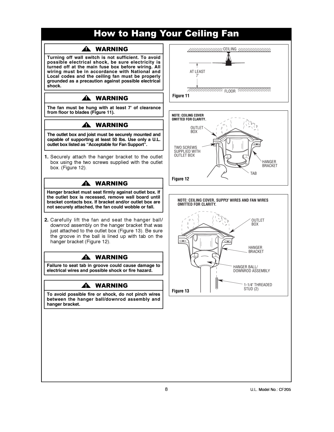 Electrolux CF205BS01, CF205VS01, CF205GES01 owner manual How to Hang Your Ceiling Fan 