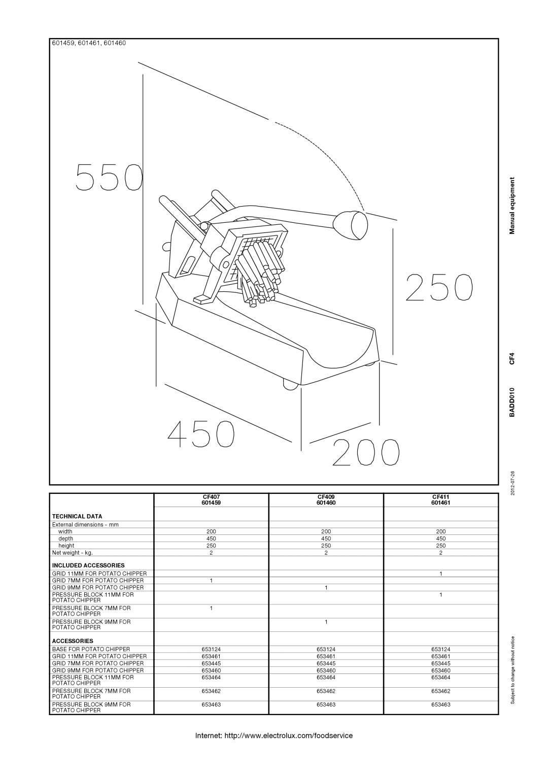 Electrolux manual 601459, 601461, BADD010 CF4, Technical Data, Included Accessories 