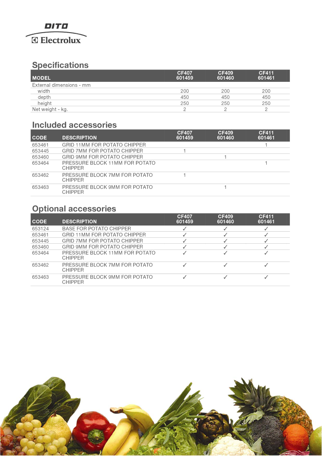 Electrolux CF409, CF411, CF407, 601459 Specifications, Included accessories, Optional accessories, Model, Code Description 