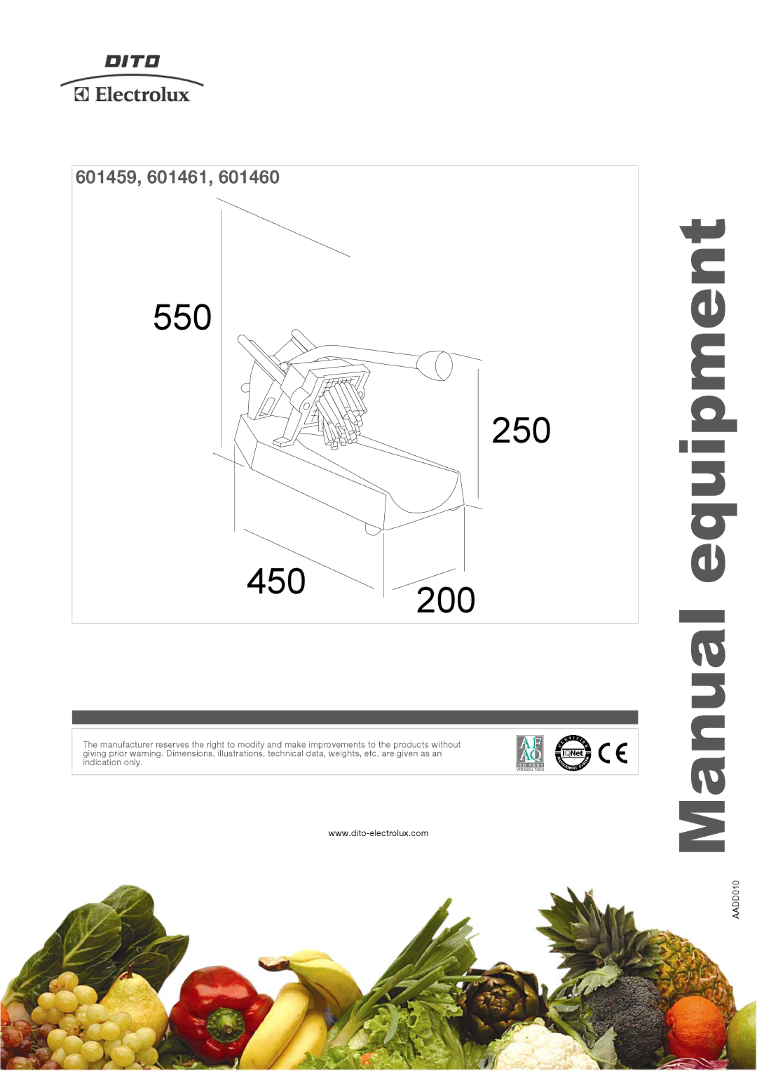 Electrolux CF411, CF407, CF409, 601459, 601460, 601461 manual Manual equipment, 550 250 450 