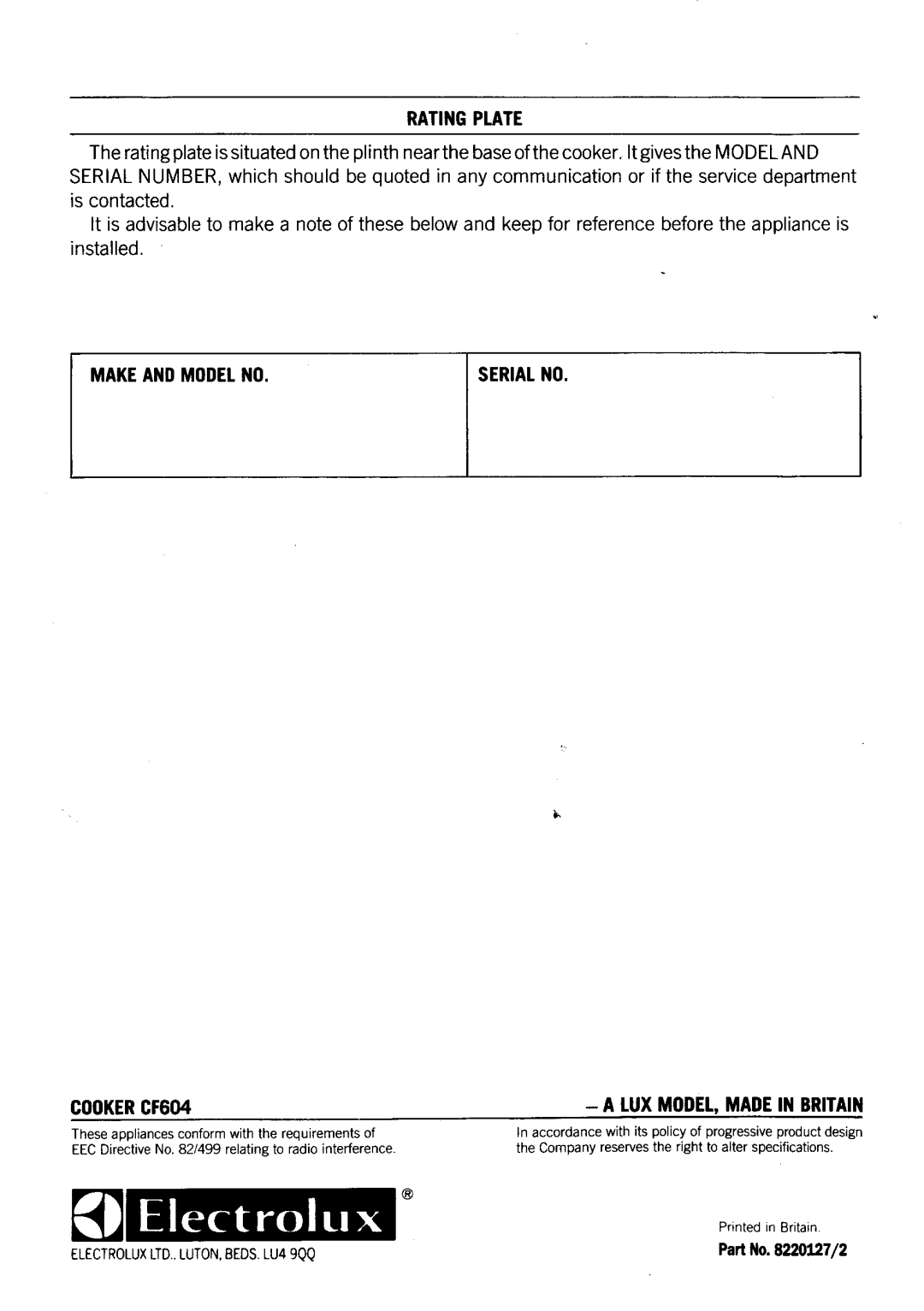 Electrolux CF604 manual 