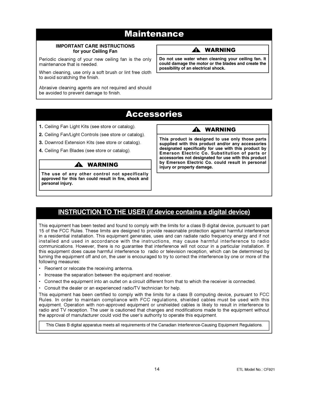 Electrolux CF921CK00, CF921ORB00, CF921GES00, CF921BS00 owner manual Maintenance, Accessories 