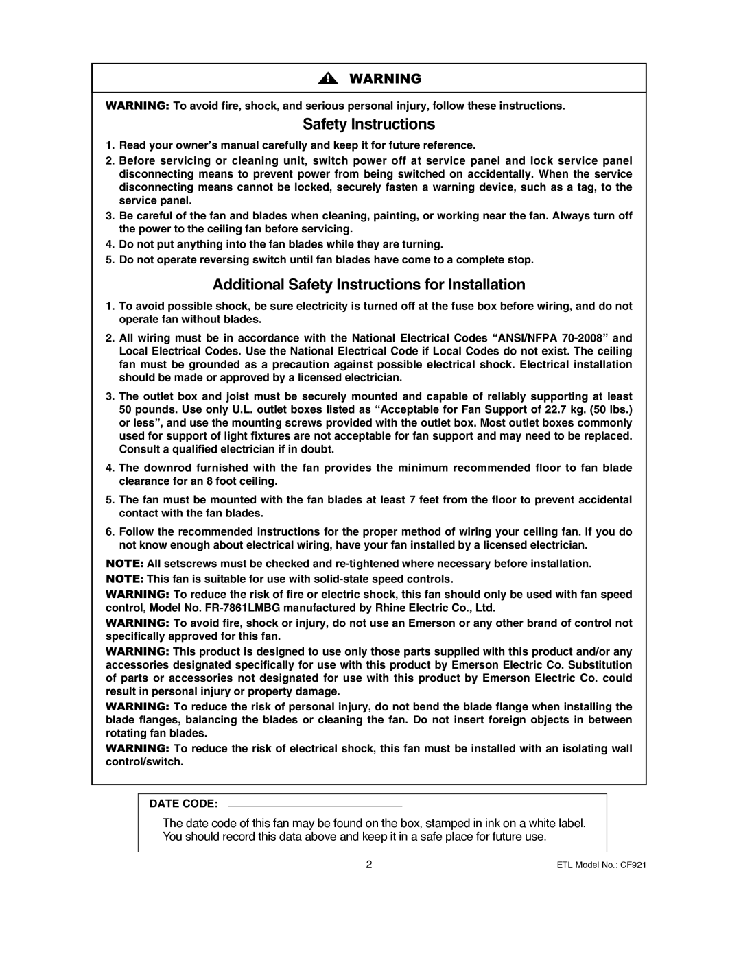 Electrolux CF921CK00, CF921ORB00, CF921GES00, CF921BS00 owner manual Safety Instructions 