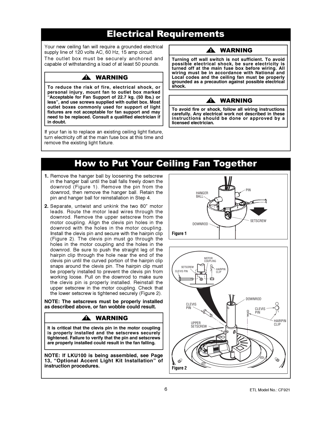 Electrolux CF921CK00, CF921ORB00, CF921GES00, CF921BS00 Electrical Requirements, How to Put Your Ceiling Fan Together 