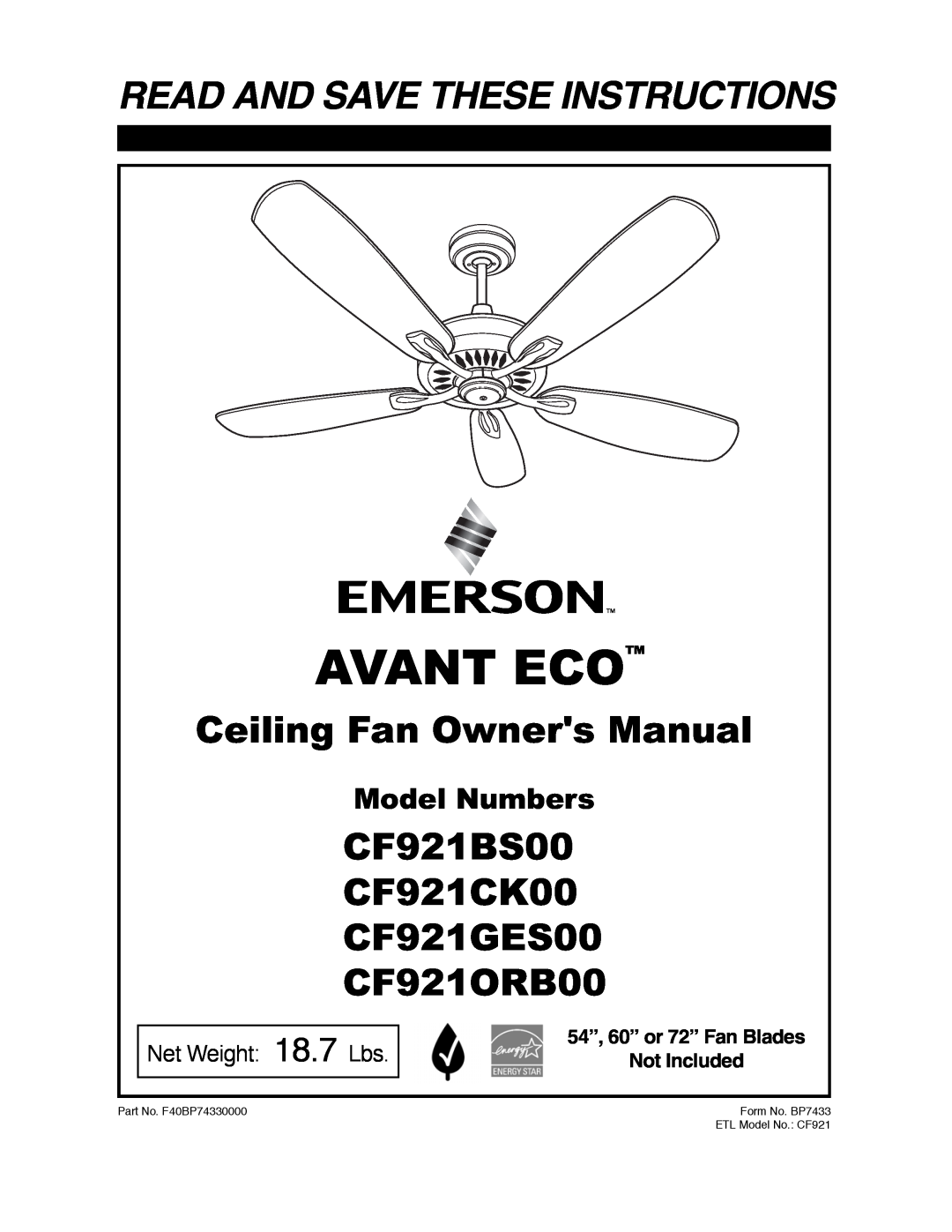 Electrolux CF921GES00 owner manual 54”, 60” or 72” Fan Blades Not Included, Avant Eco, Read And Save These Instructions 