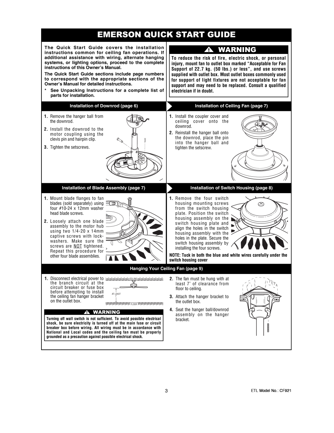 Electrolux CF921BS00, CF921ORB00 Emerson Quick Start Guide, Installation of Downrod page, Installation of Ceiling Fan page 