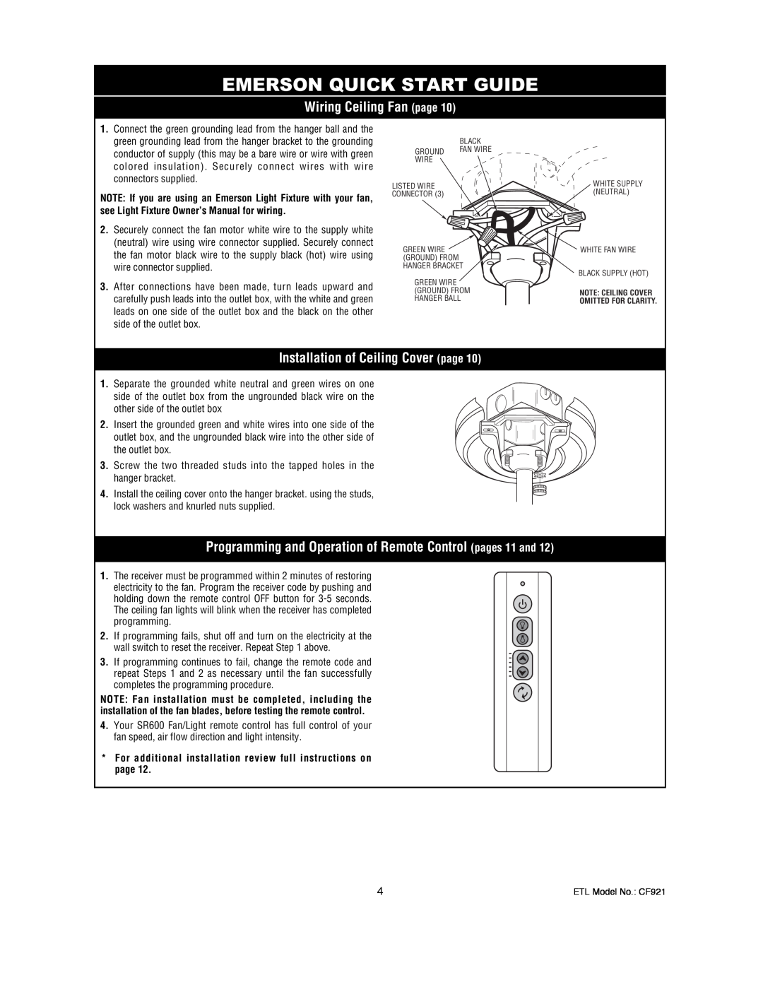 Electrolux CF921ORB00, CF921GES00 Emerson Quick Start Guide, Wiring Ceiling Fan page, Installation of Ceiling Cover page 