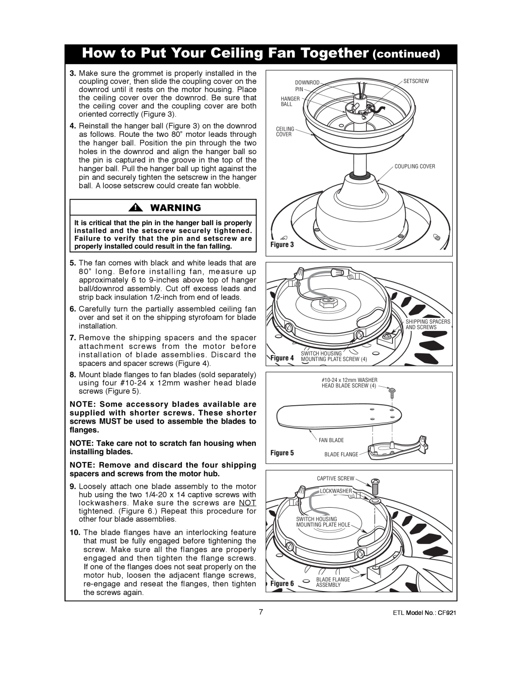 Electrolux CF921BS00, CF921ORB00, CF921GES00, CF921CK00 owner manual How to Put Your Ceiling Fan Together continued 