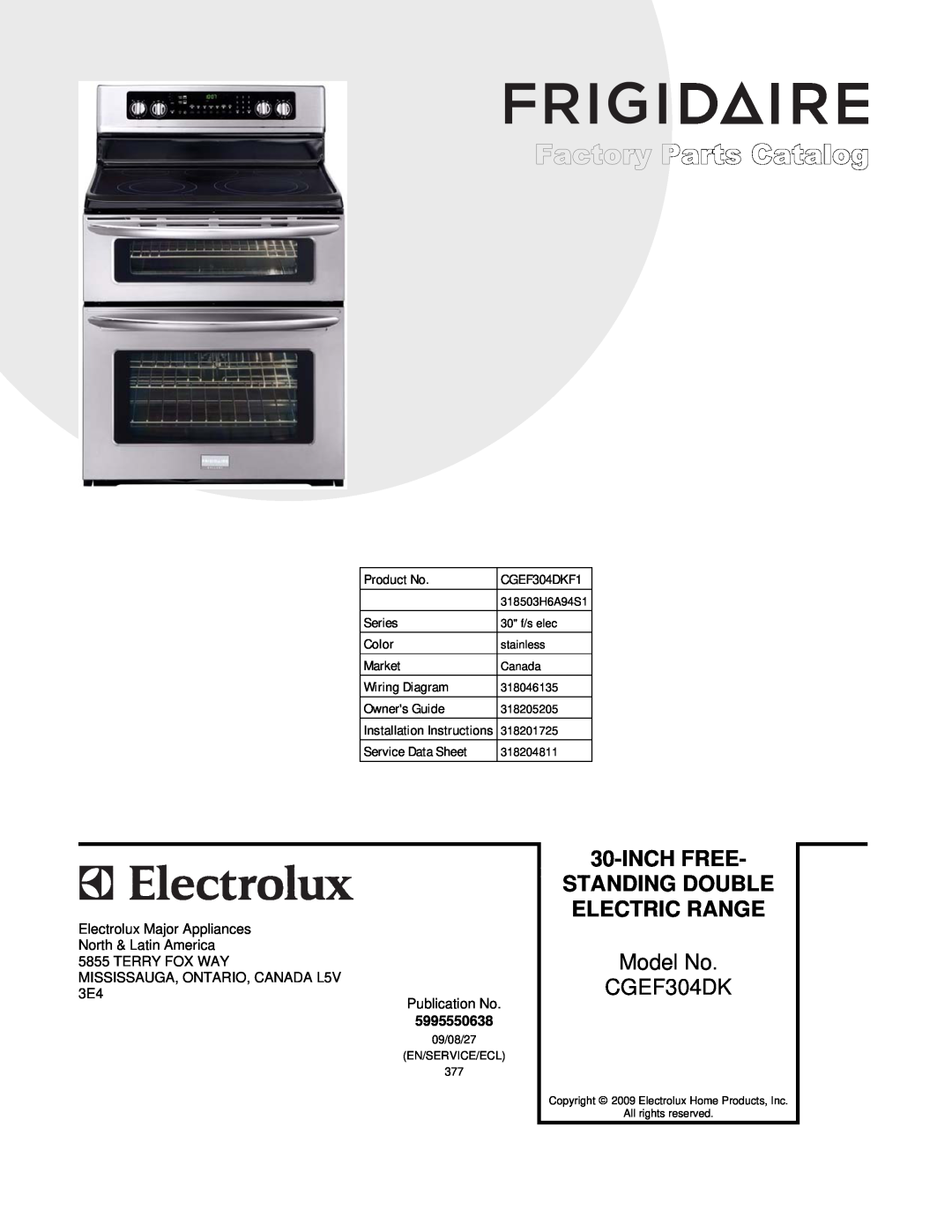 Electrolux installation instructions Product No Series Color Market Wiring Diagram Owners Guide, CGEF304DKF1, Inch Free 