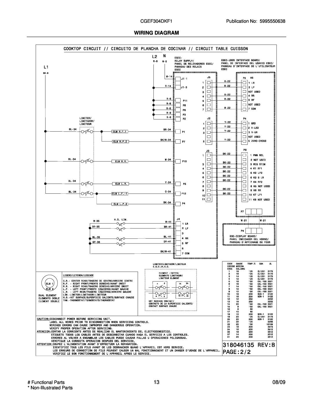 Electrolux CGEF304DK installation instructions Wiring Diagram, 08/09 