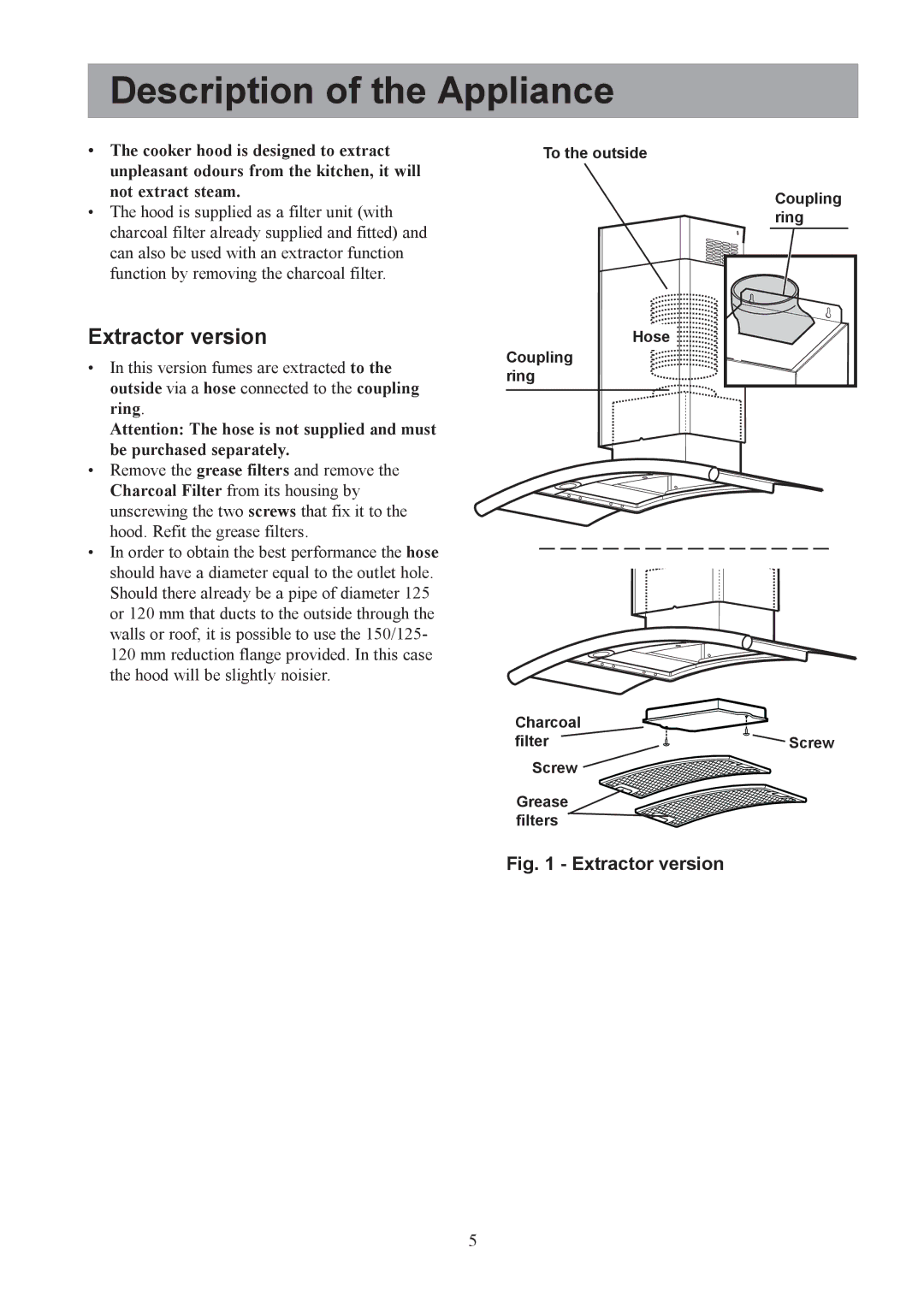 Electrolux CH 700 user manual Description of the Appliance, Extractor version 