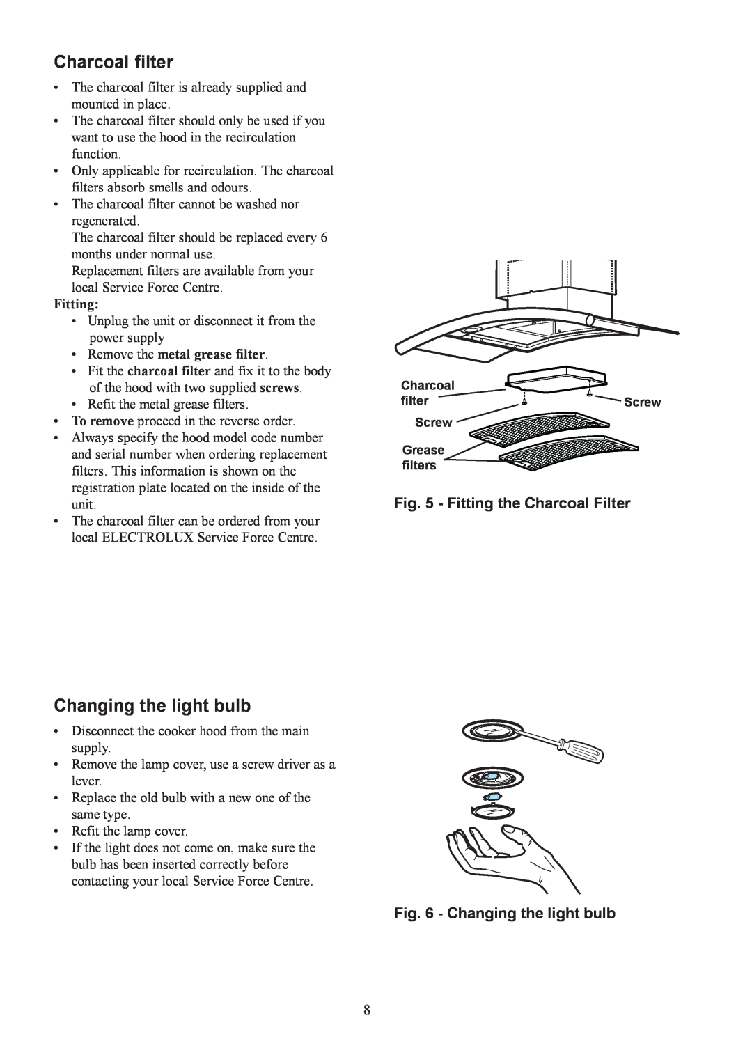 Electrolux CH 700 user manual Charcoal filter, Changing the light bulb, Fitting the Charcoal Filter 