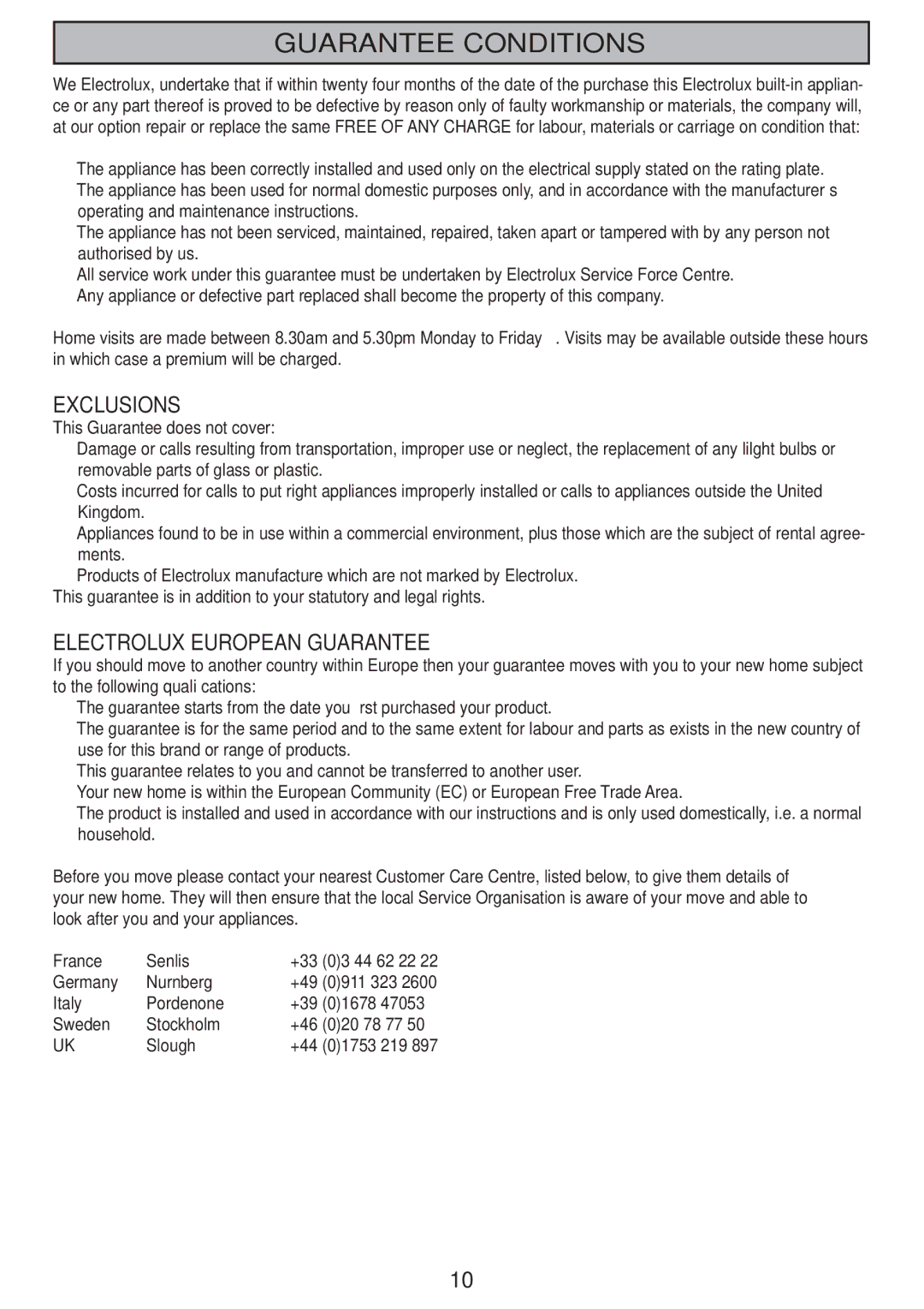 Electrolux CH 710 manual Guarantee Conditions, This Guarantee does not cover 