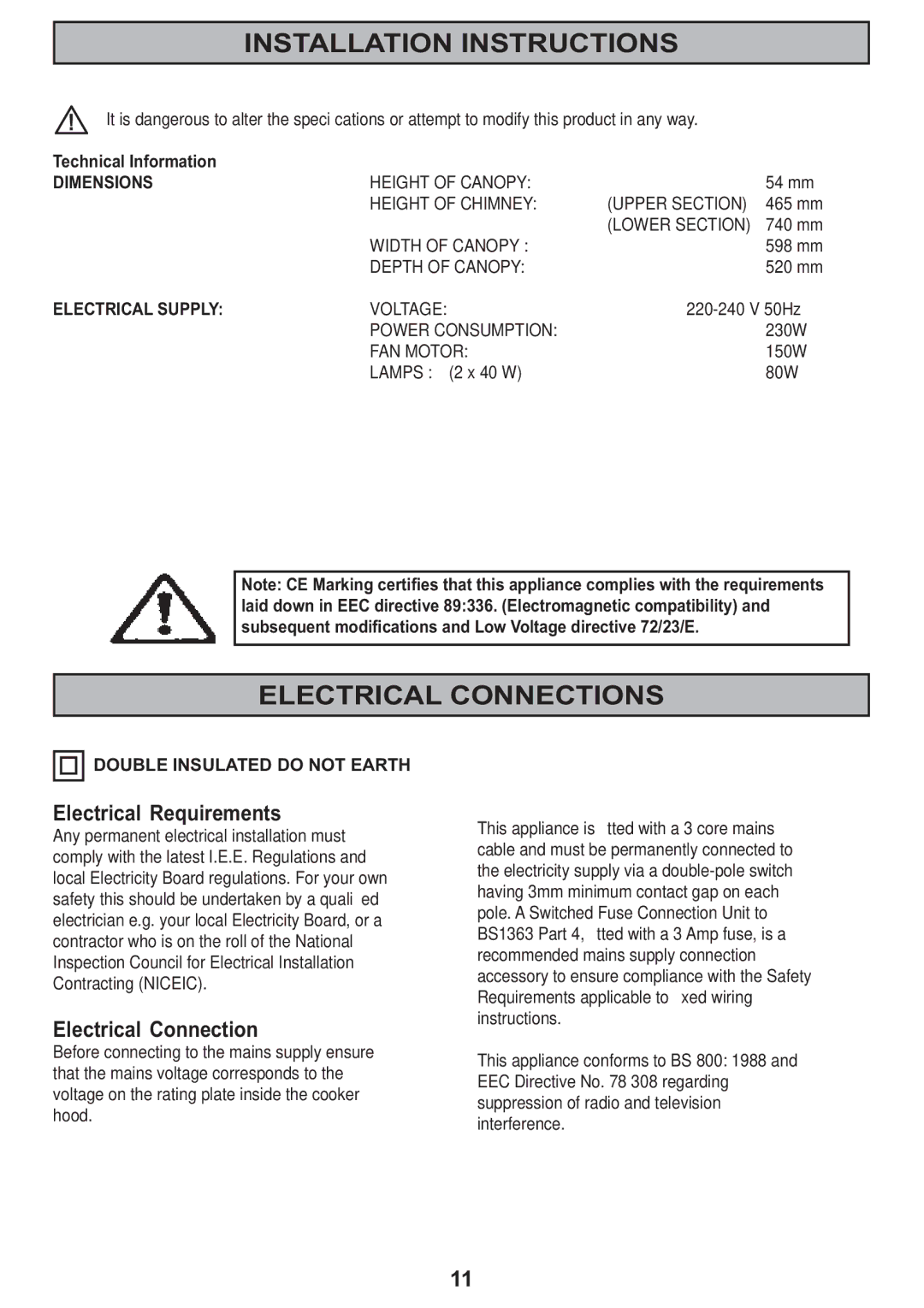 Electrolux CH 710 manual Installation Instructions, Electrical Connections, Electrical Requirements, Technical Information 