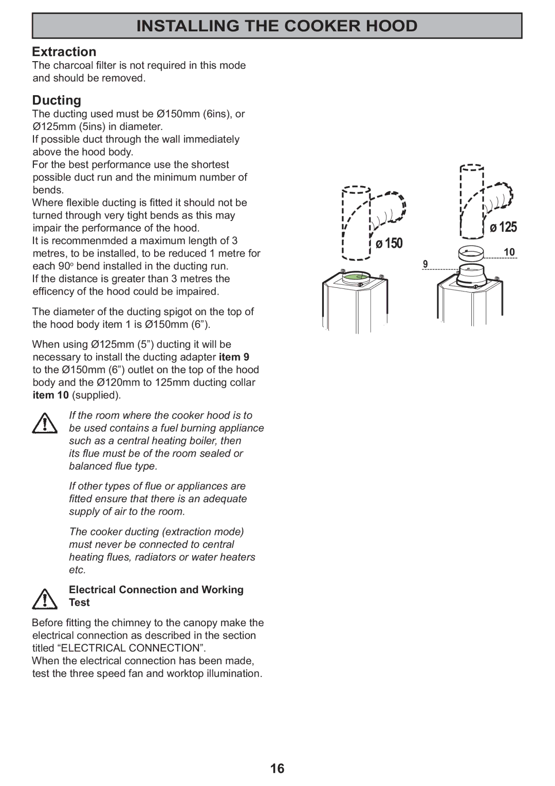 Electrolux CH 710 manual Ducting, Electrical Connection and Working Test, 150 