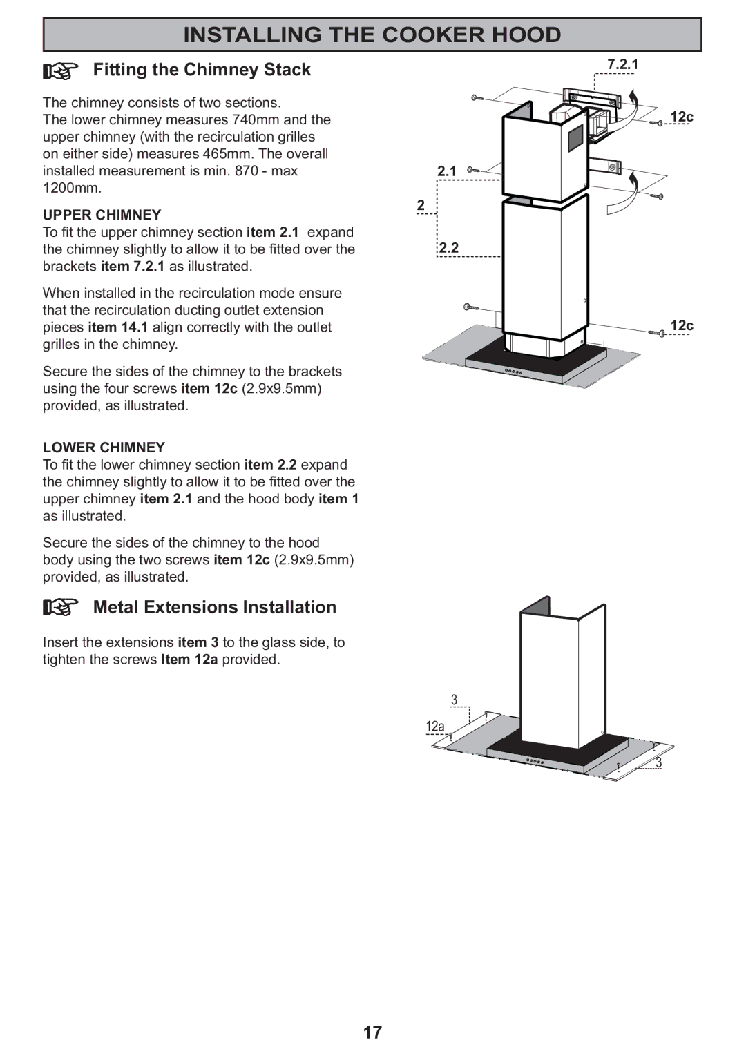 Electrolux CH 710 manual Fitting the Chimney Stack, Metal Extensions Installation 