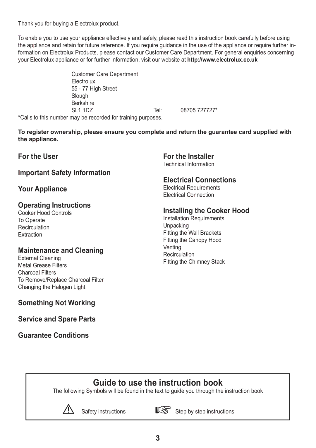 Electrolux CH 710 manual For the User For the Installer, Operating Instructions, Maintenance and Cleaning 