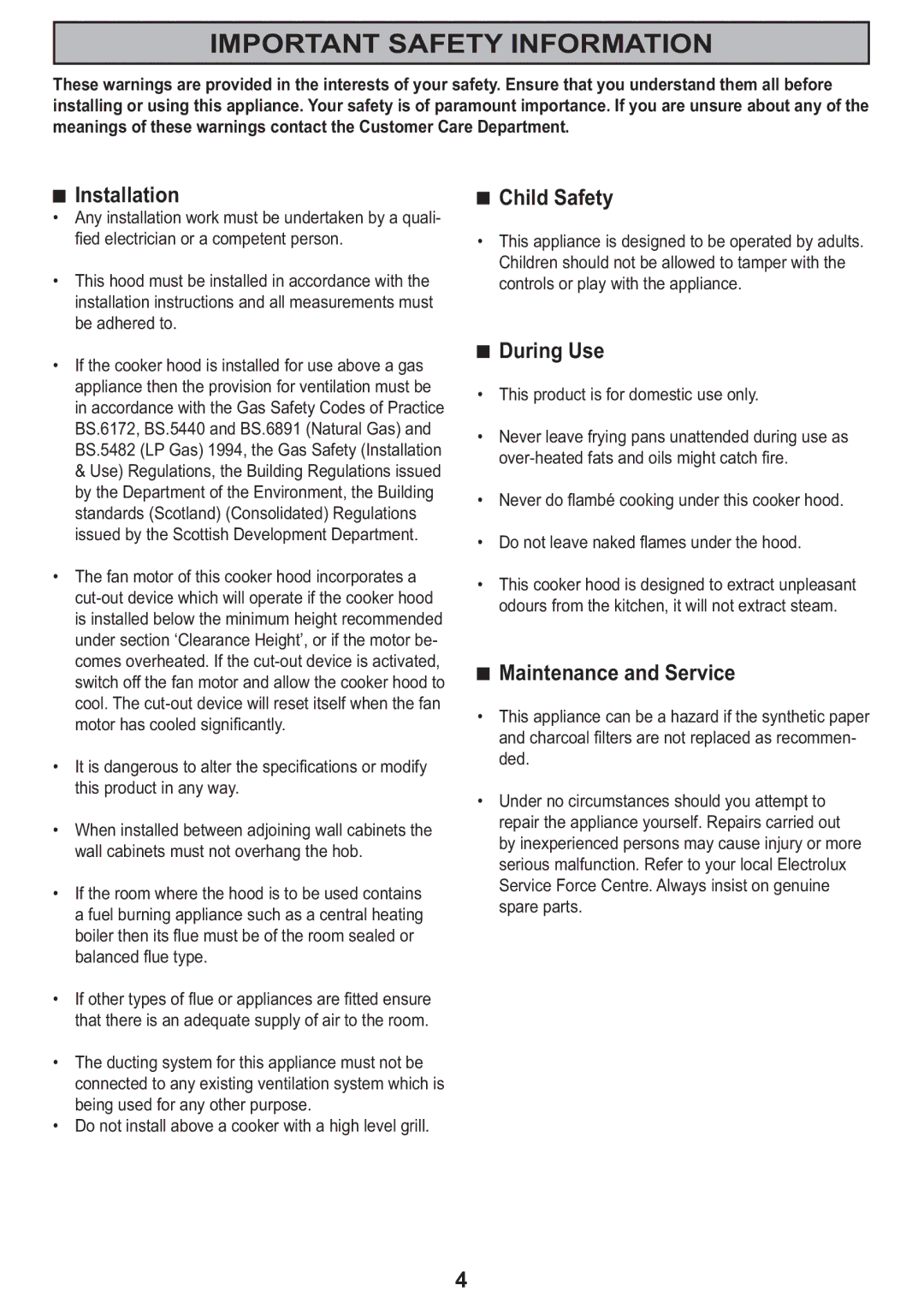 Electrolux CH 710 manual Important Safety Information, Installation, Child Safety, During Use, Maintenance and Service 