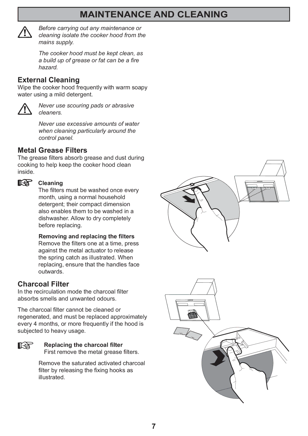 Electrolux CH 710 manual Maintenance and Cleaning, External Cleaning, Metal Grease Filters, Charcoal Filter 