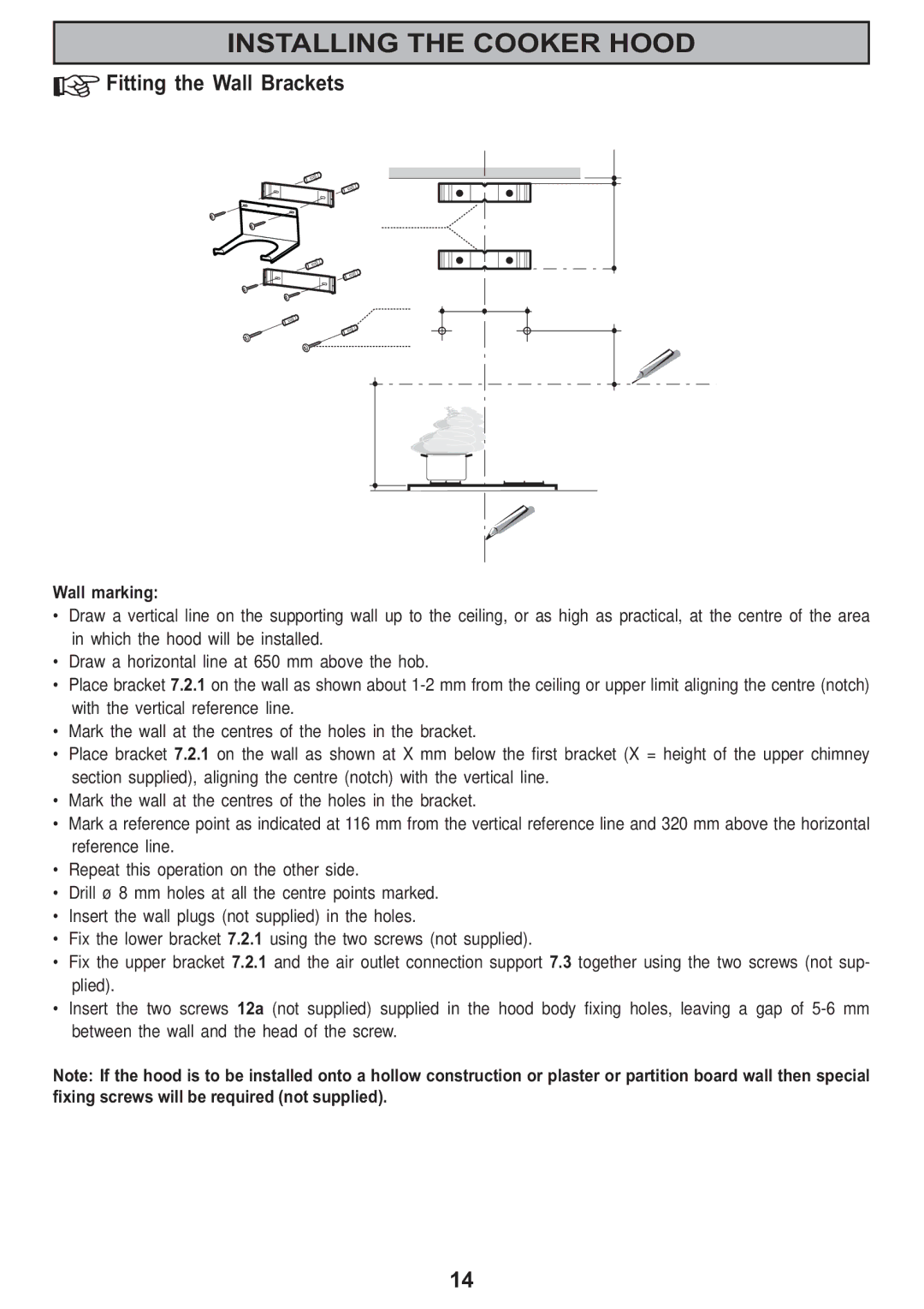 Electrolux CH 910 manual Fitting the Wall Brackets, Wall marking 