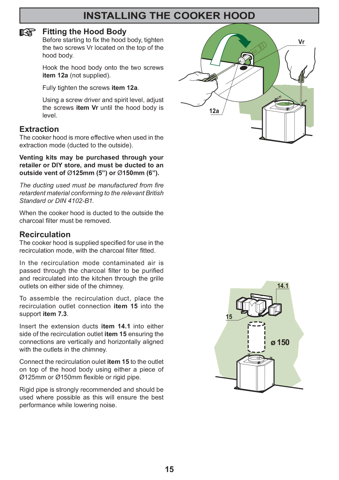 Electrolux CH 910 manual Fitting the Hood Body, 150, 12a 14.1 