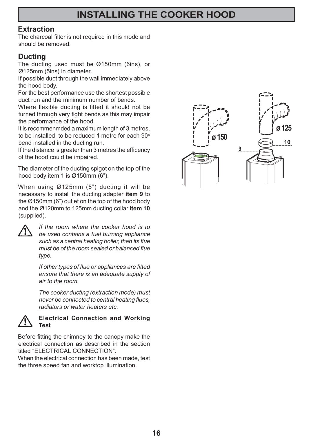 Electrolux CH 910 manual Ducting, Electrical Connection and Working Test, 150 